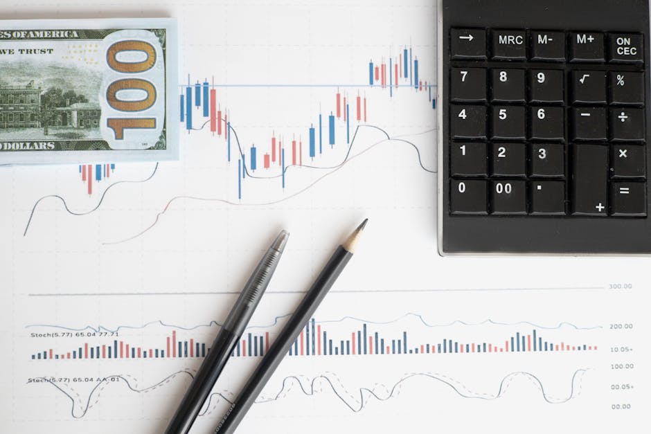 Stock analysis workspace featuring charts, a calculator, and currency for data-driven insights
